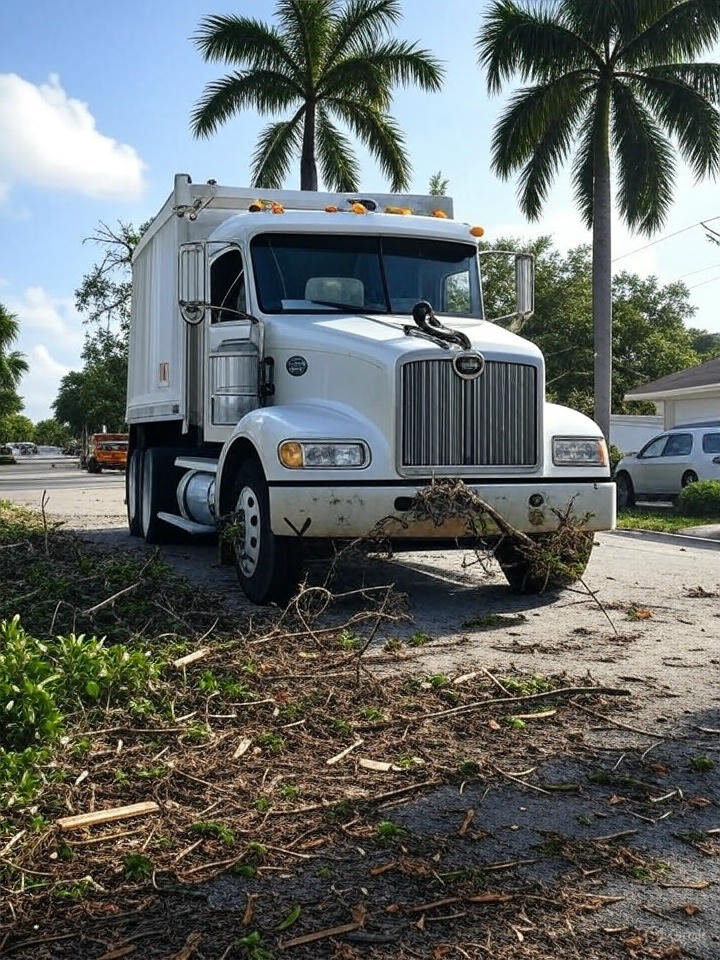 Grapple truck parked next to a bulk debris pile ready for haul-off