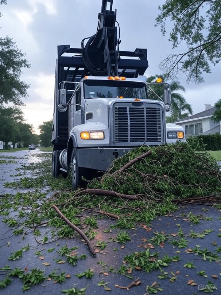 Grapple Service truck lifting storm branch debris off a Florida street